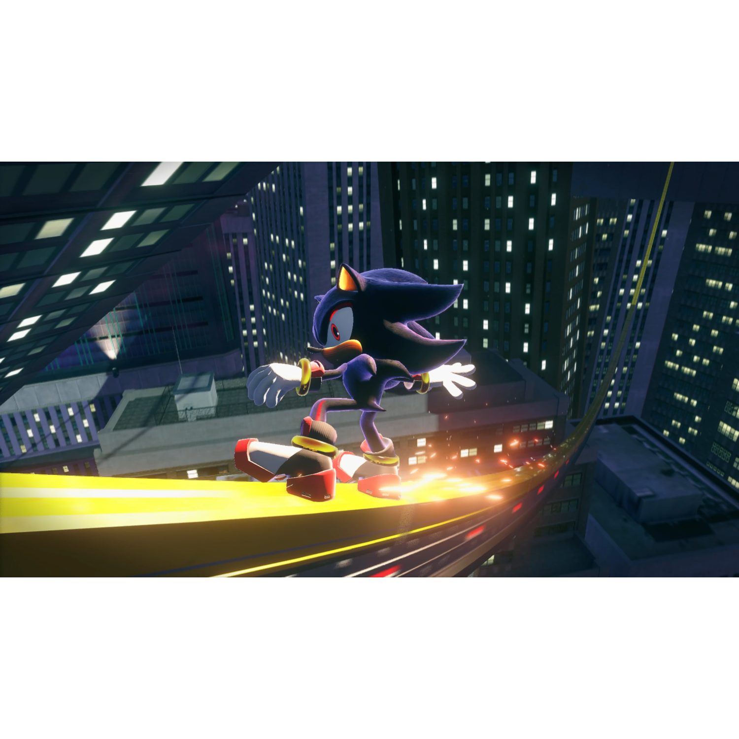 Sonic the Hedgehog rent op een lichtspoor in een stad 's nachts.