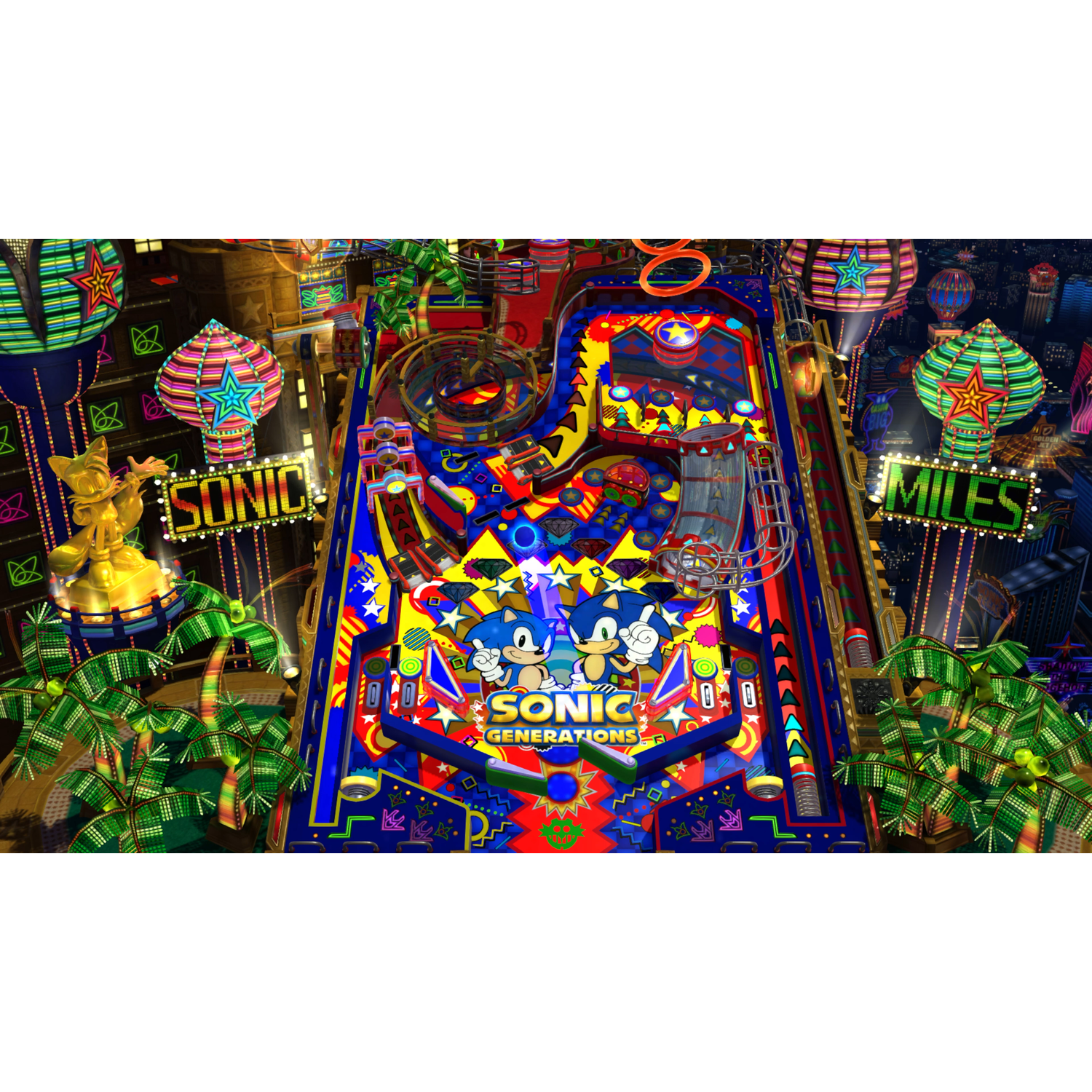 Flipperkast met Sonic-thema, met Sonic-personages, borden en kleurrijke lichten.