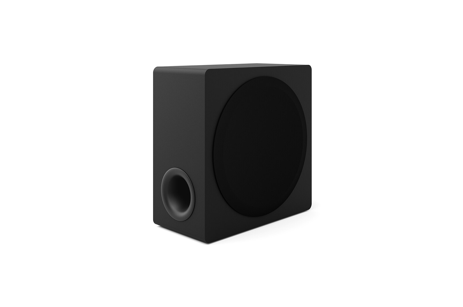 Siyah bir subwoofer hoparlörü, dairesel bir hoparlör ve bir bağlantı noktası ile, beyaz bir arka plan üzerinde.