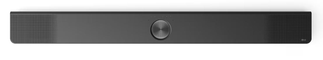 Ortada yuvarlak bir düğme ve yanlarda hoparlör ızgarası olan siyah LG soundbar.