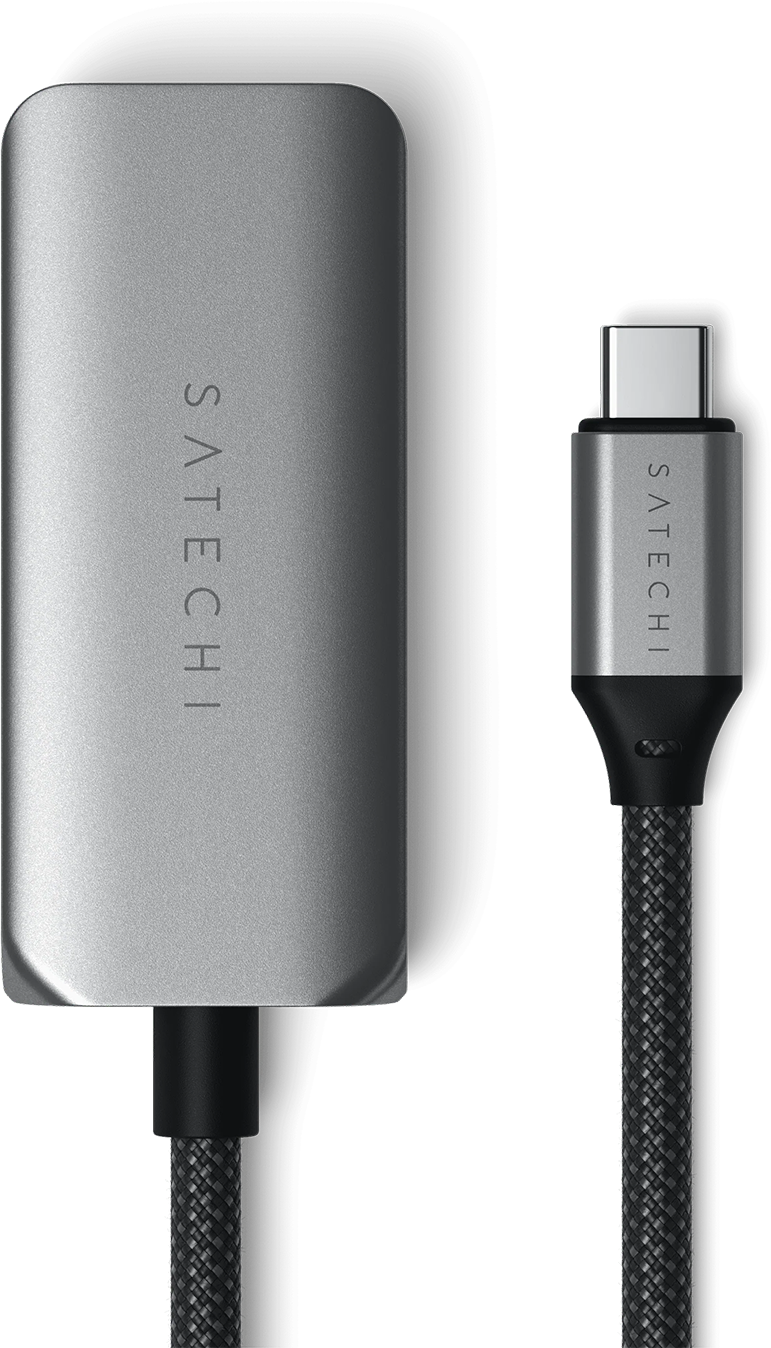 Ezüst Satechi adapter USB-C kábellel. Az adapter téglalap alakú. A kábel fekete és texturált.
