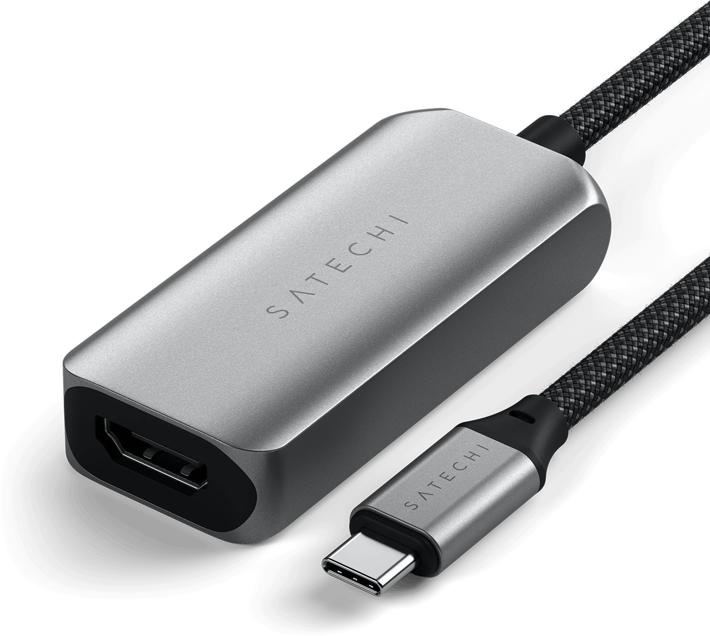 Ezüst HDMI-USB-C adapterkábel fekete háttér előtt. A Satechi márka látható.