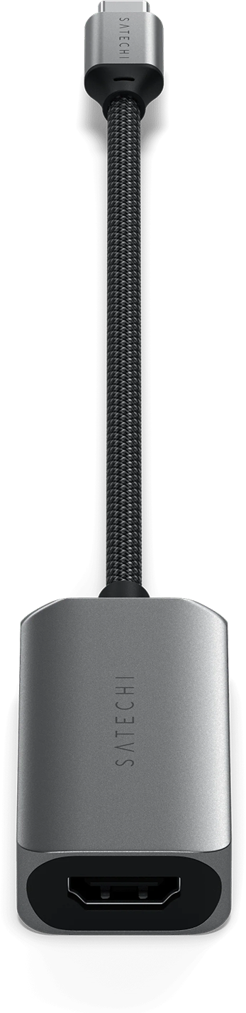 Ezüst-fekete adapterkábel. HDMI port alul, USB-C felül.