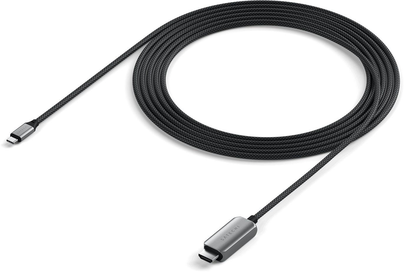 Egy fekete USB-C kábel feltekerve, egy fém Satechi csatlakozóval az egyik végén.