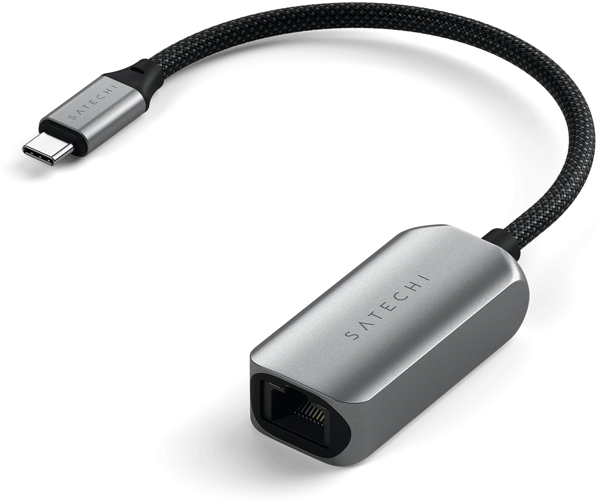 Ezüst Satechi Ethernet adapter fekete fonott kábellel. USB-C és Ethernet csatlakozók.