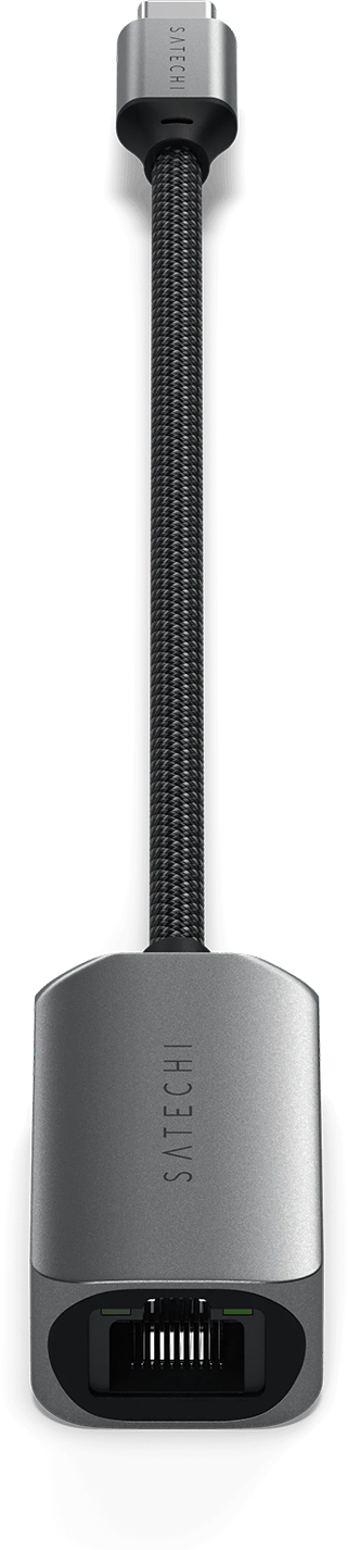 Egy ezüst-fekete kábel USB-C csatlakozóval és Ethernet porttal.