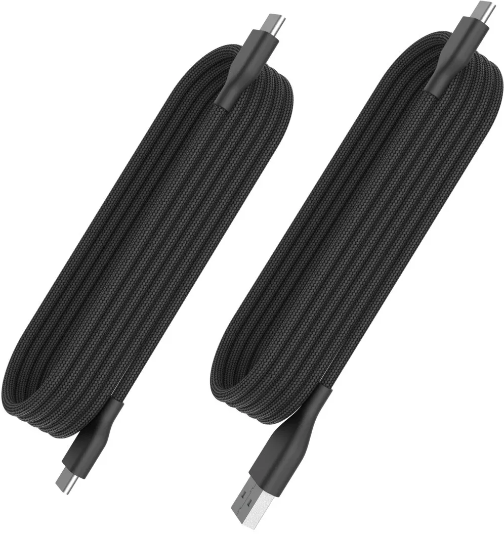 Due cavi USB-C neri, arrotolati uno accanto all'altro. Hanno un connettore USB-C e un connettore USB-A.