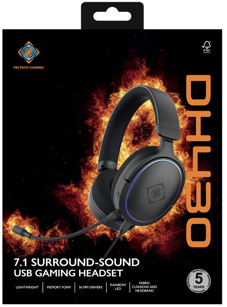 Scatola per cuffie da gioco nere con fiamme. Testo: 7.1 Surround-Sound USB.