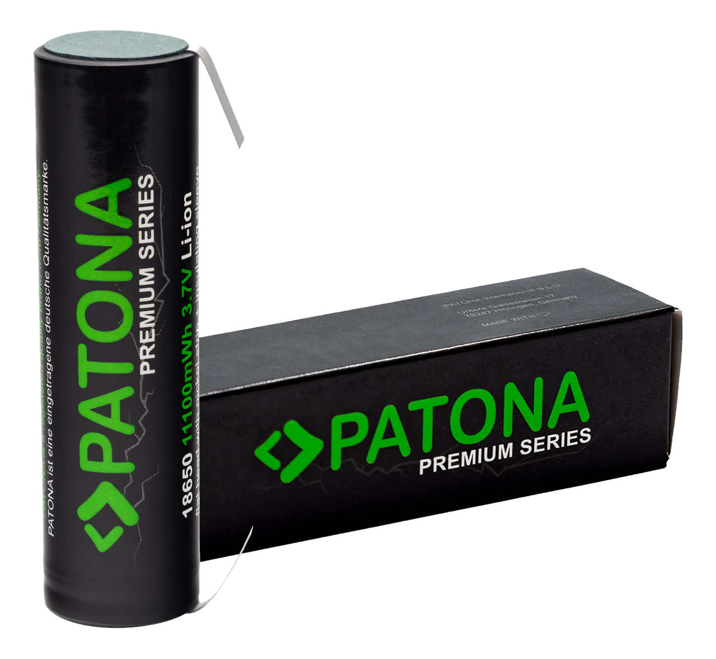 Batterie et boîte Patona 18650 noire et verte, texte : Premium Series.