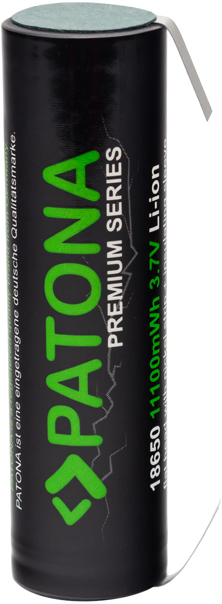 Batterie cylindrique noire et verte avec une languette blanche. C'est une Patona Premium Series 18650 3,7V Li-ion.