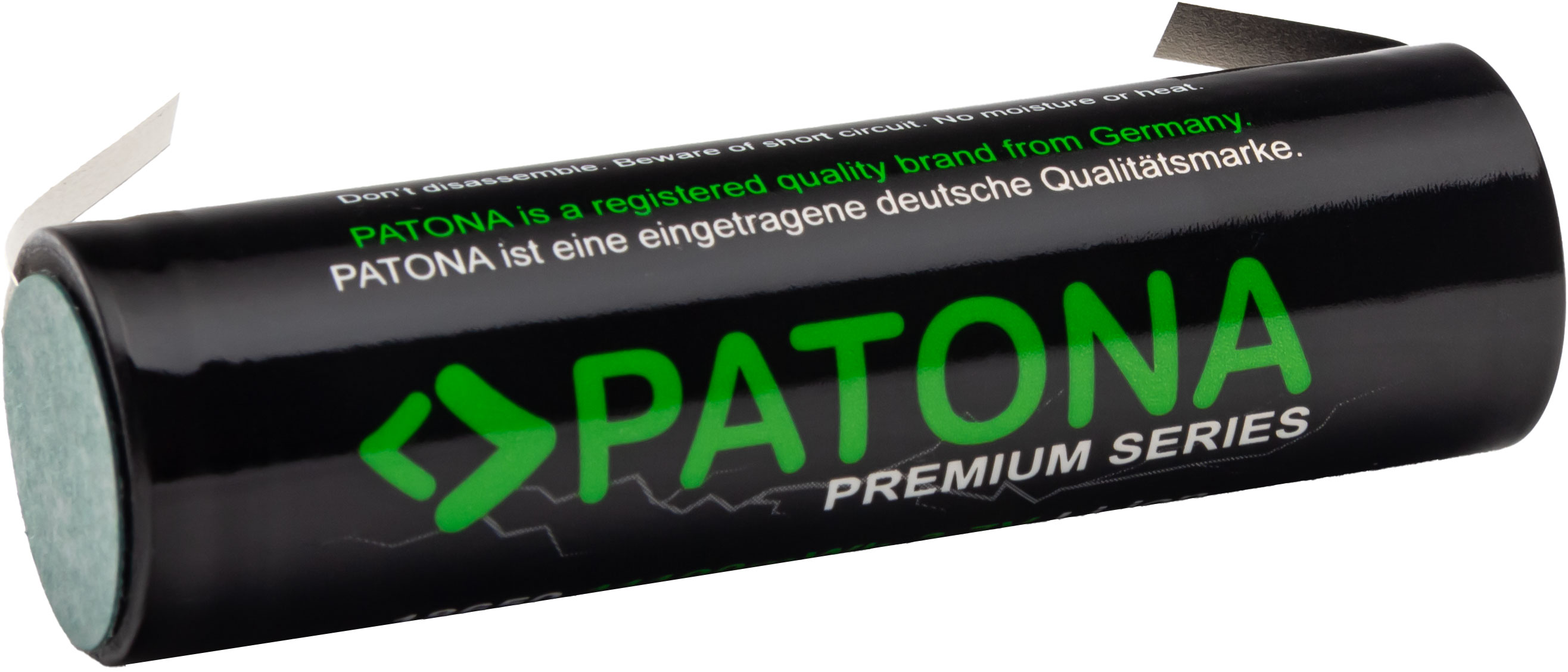 Batterie cylindrique noire avec texte vert : PATONA PREMIUM SERIES.