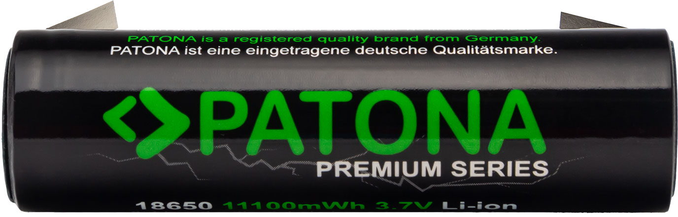 Une batterie noire avec du texte vert. Il est écrit PATONA PREMIUM SERIES. Il y a du texte allemand dessus.