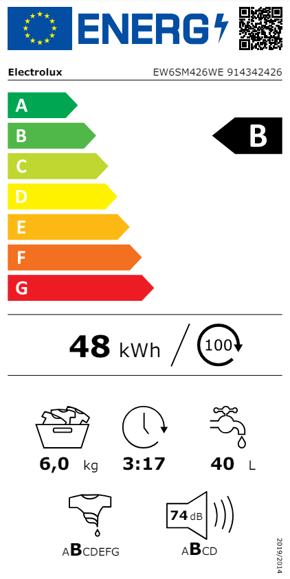 Energia címke egy Electrolux mosógéphez, energiahatékonysági adatokat mutat.