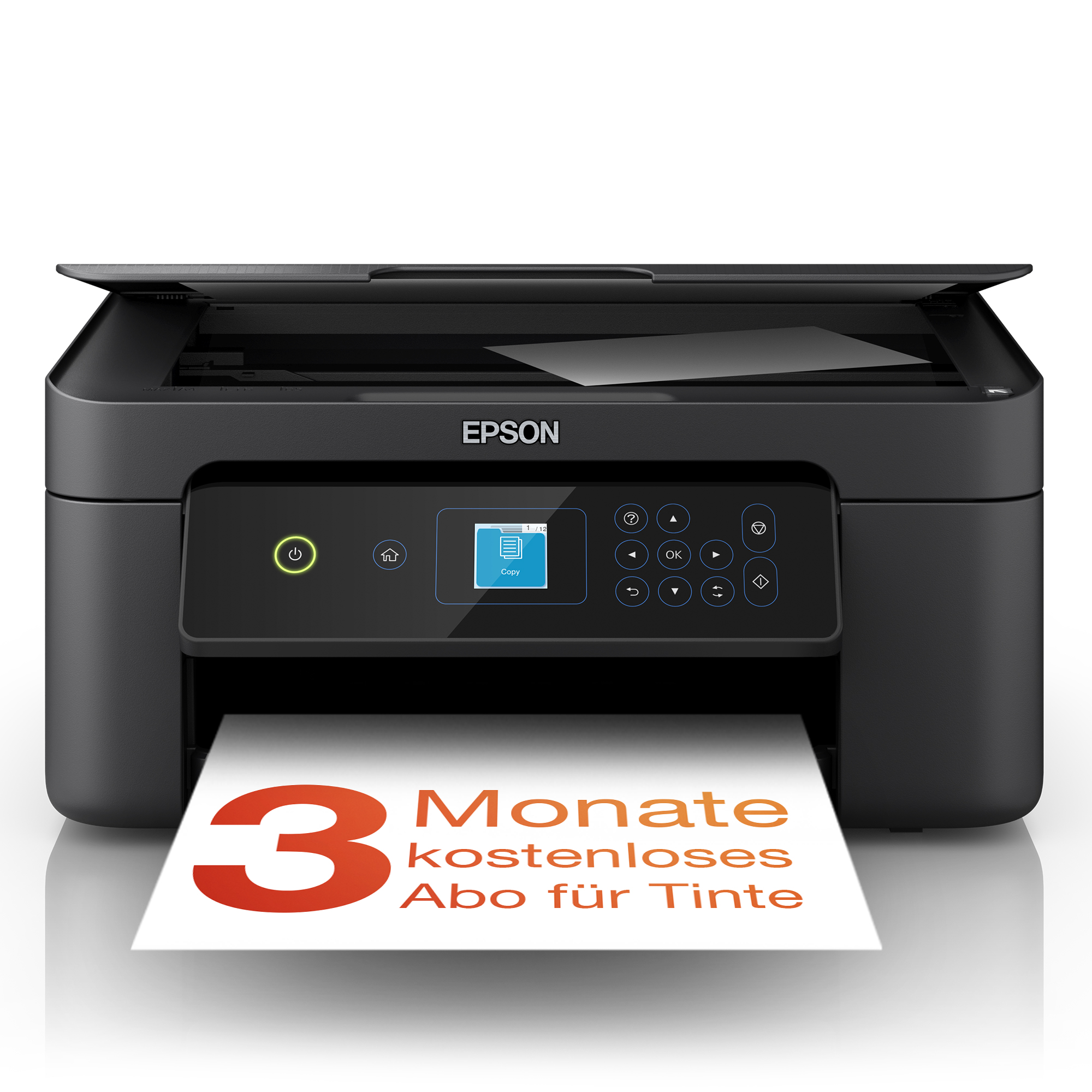 Schwarzer Epson-Drucker mit Papier und dem Schild '3 Monate kostenlose Tinte'.