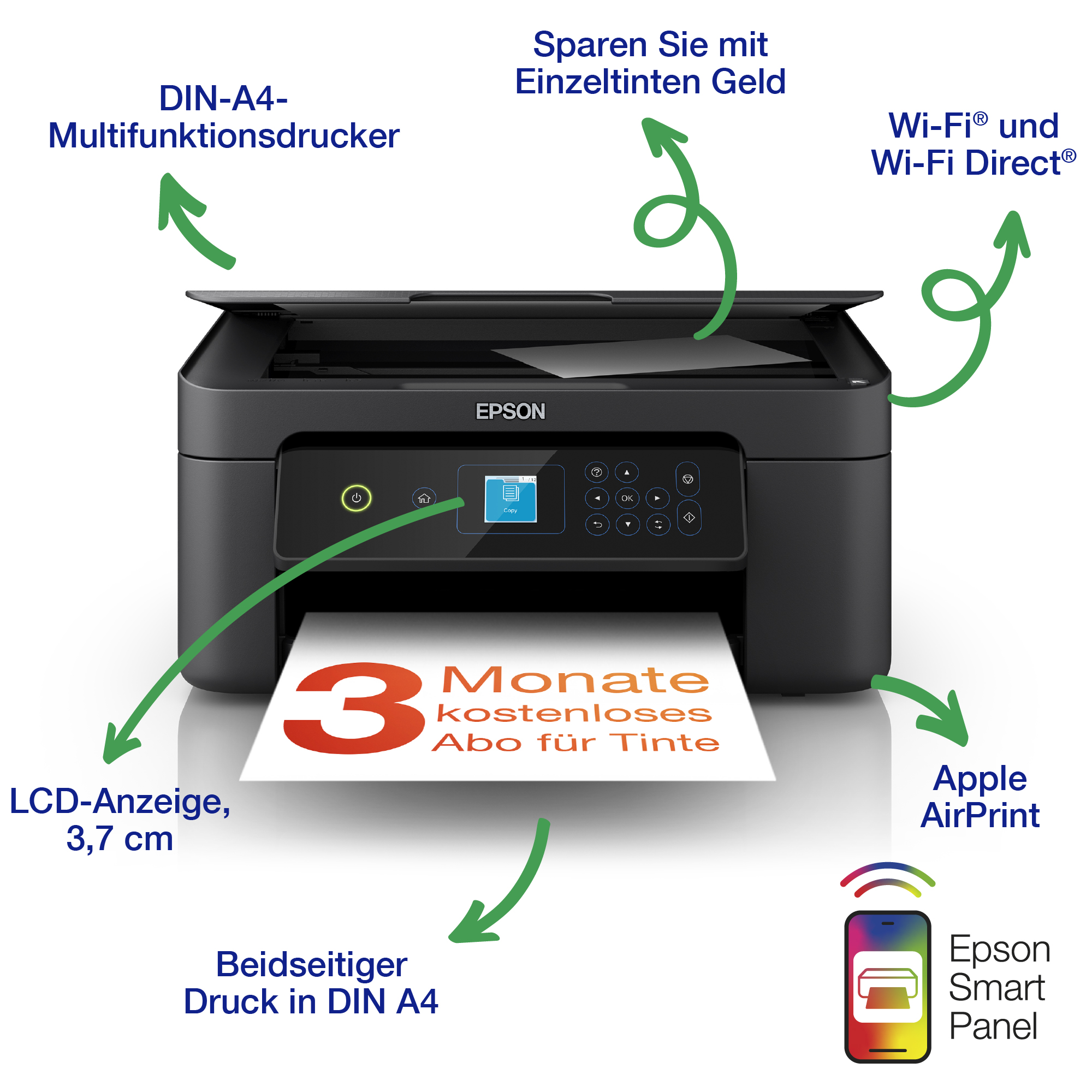 Epson-Drucker mit Pfeilen, die Funktionen wie WLAN, LCD-Bildschirm und Tinten sparen anzeigen.