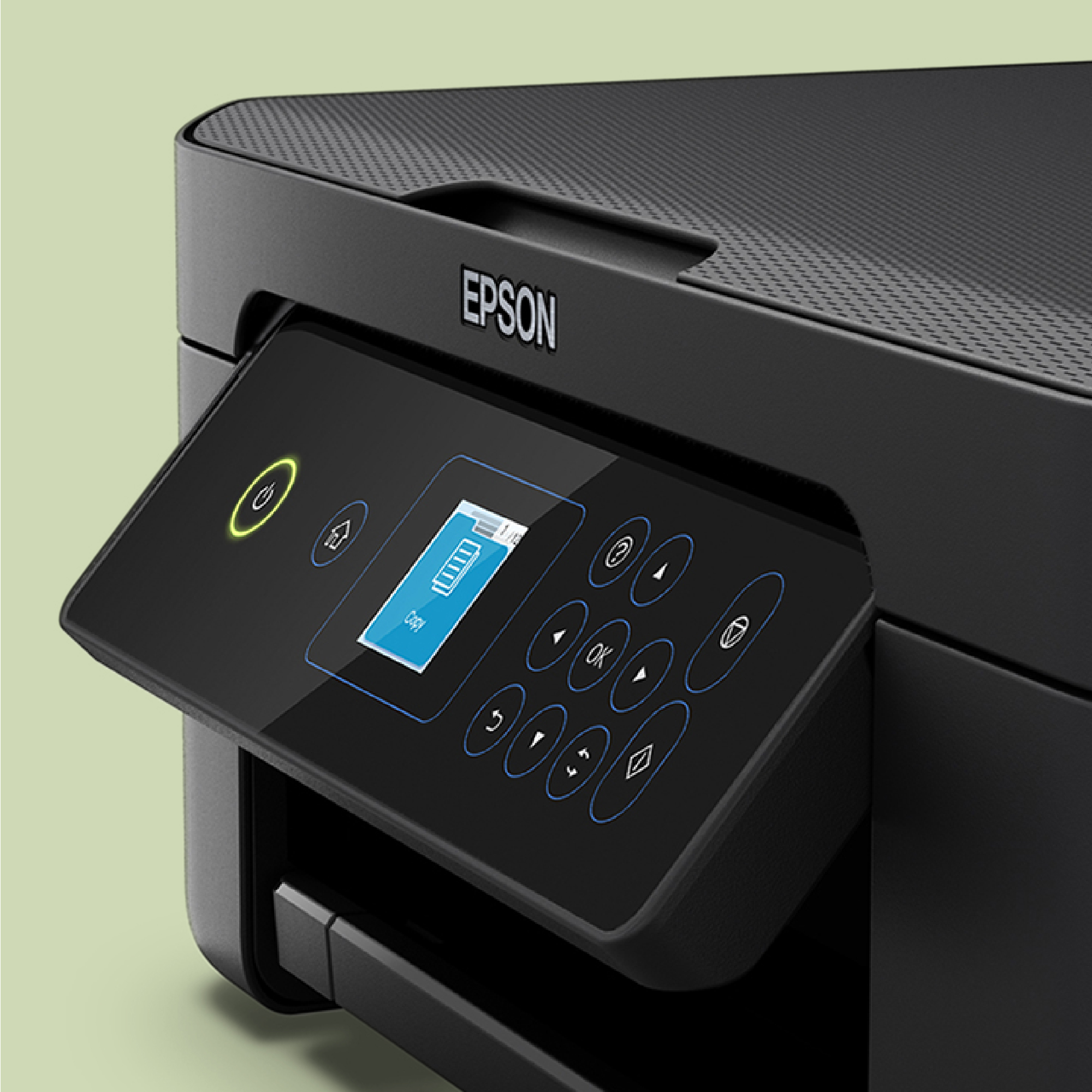 Schwarzer Epson-Drucker mit offenem Bedienfeld, das einen blauen Bildschirm zeigt. Grüner Hintergrund.