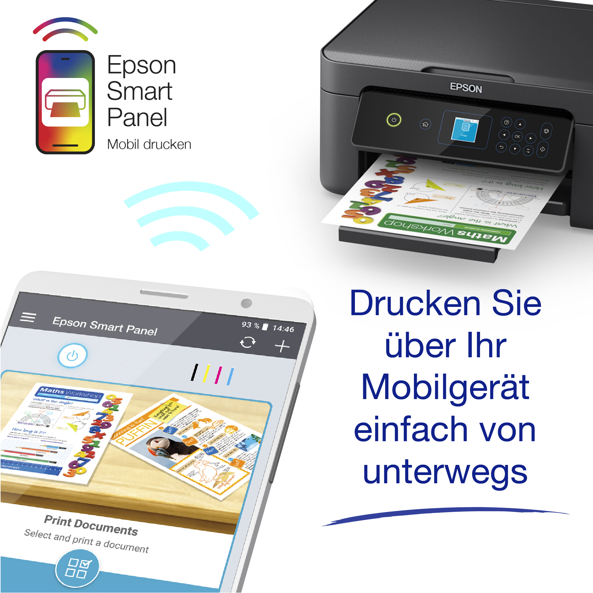 Ein Smartphone und ein Drucker, der Dokumente druckt. Der Telefonbildschirm zeigt die Druckoberfläche.