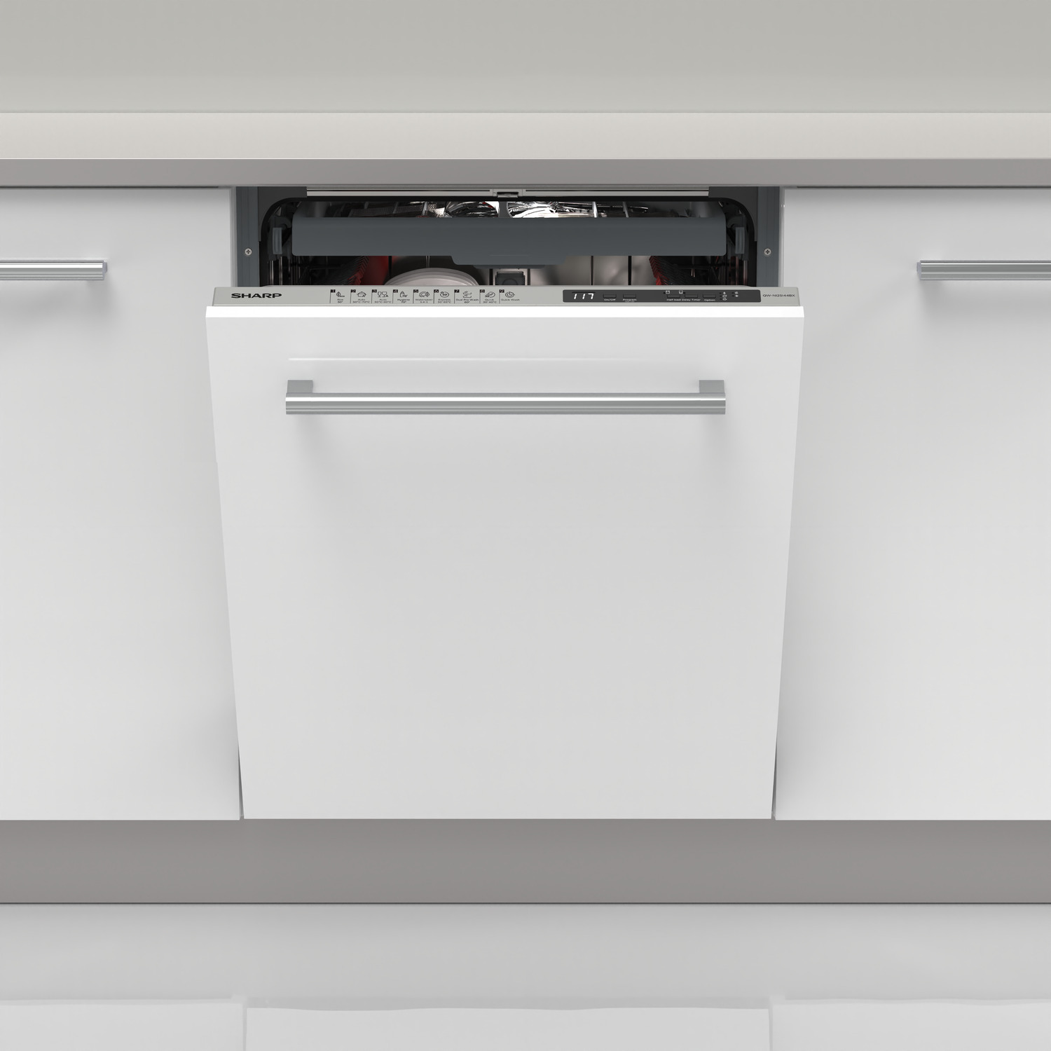 Witte vaatwasser geïnstalleerd in een keuken. De deur is open, waardoor de binnenkant zichtbaar is.