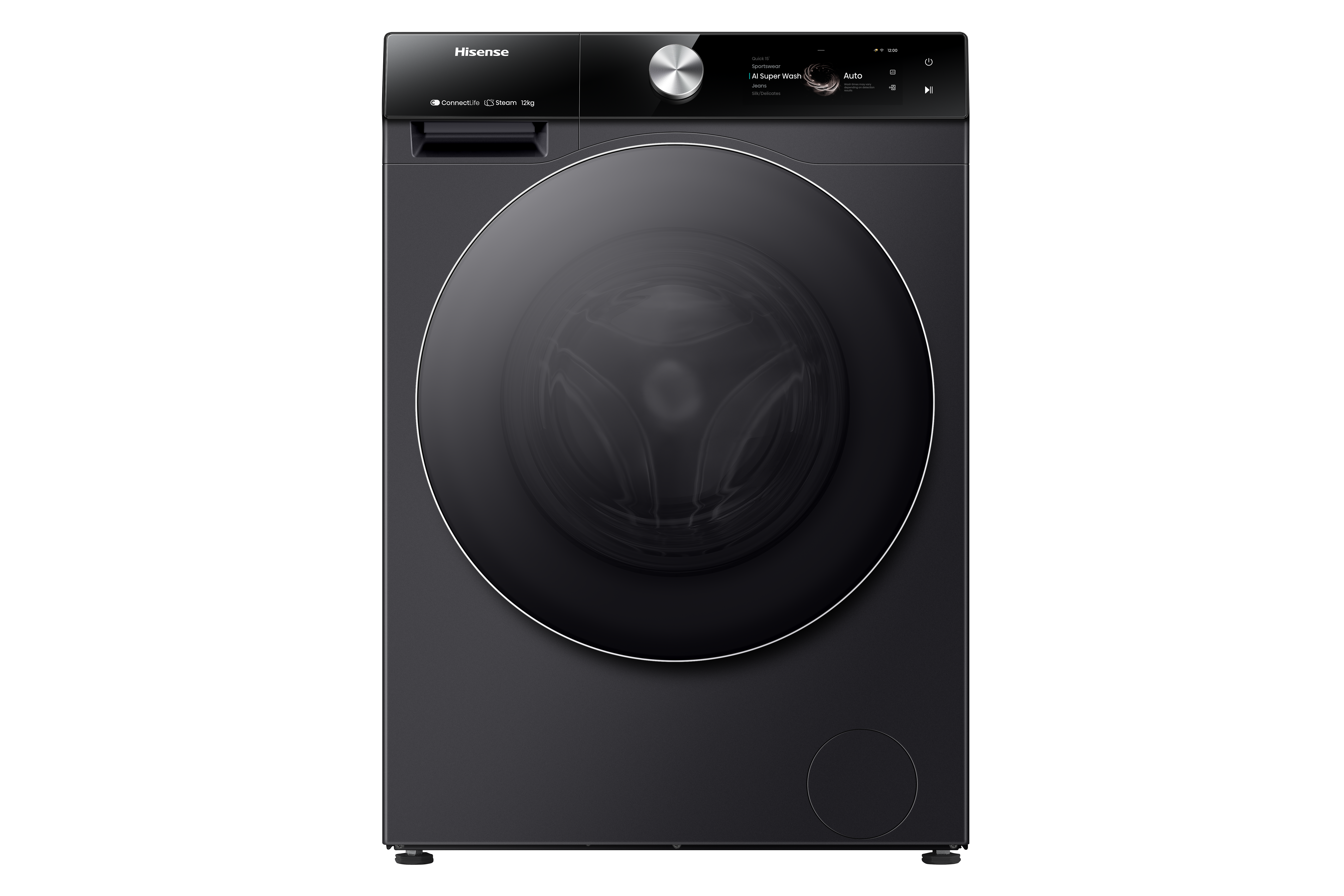 Schwarze Hisense Waschmaschine. Hat eine große schwarze Tür und ein digitales Display oben.