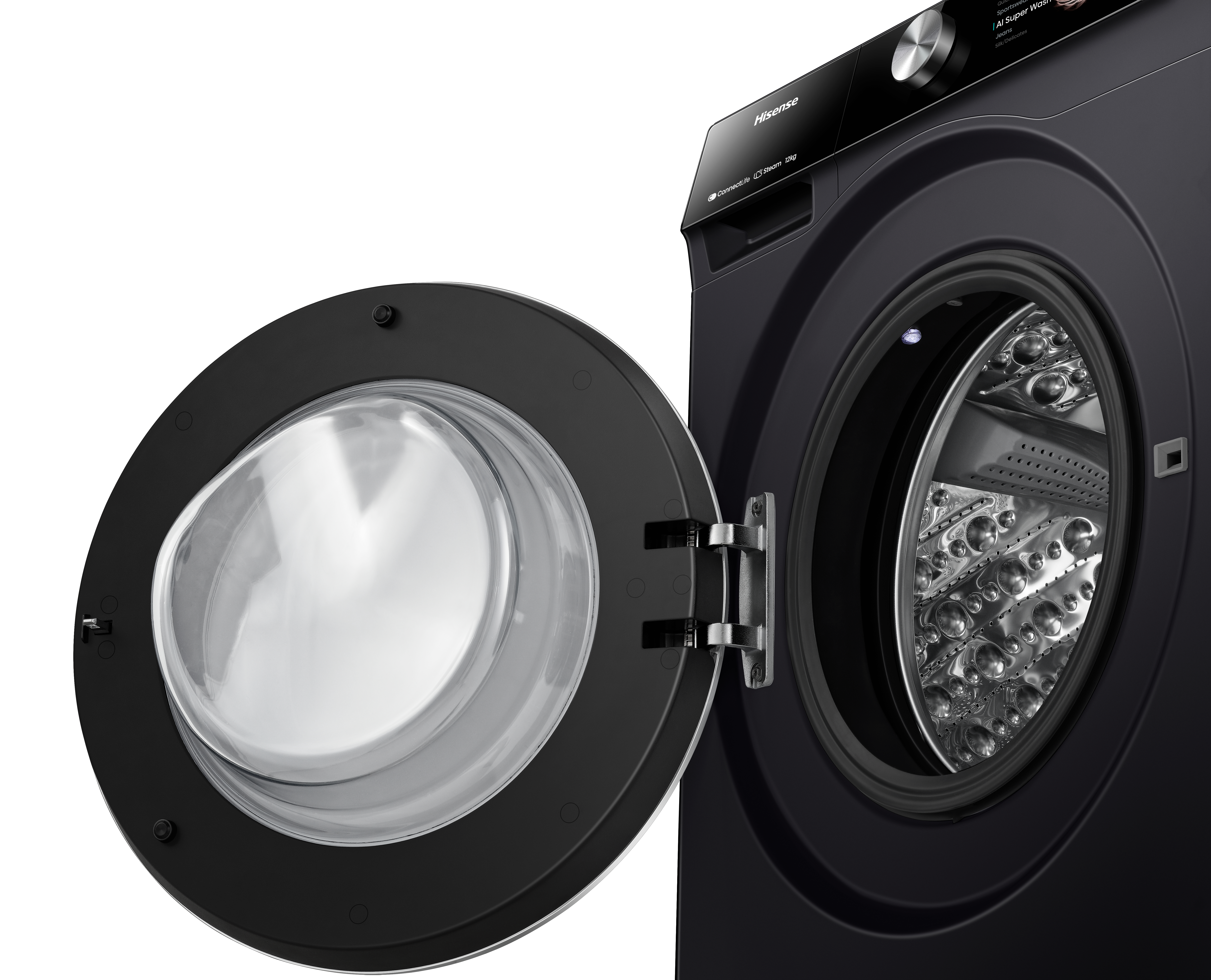 Waschmaschine mit offener Tür. Schwarzes Äußeres mit transparenter Tür.