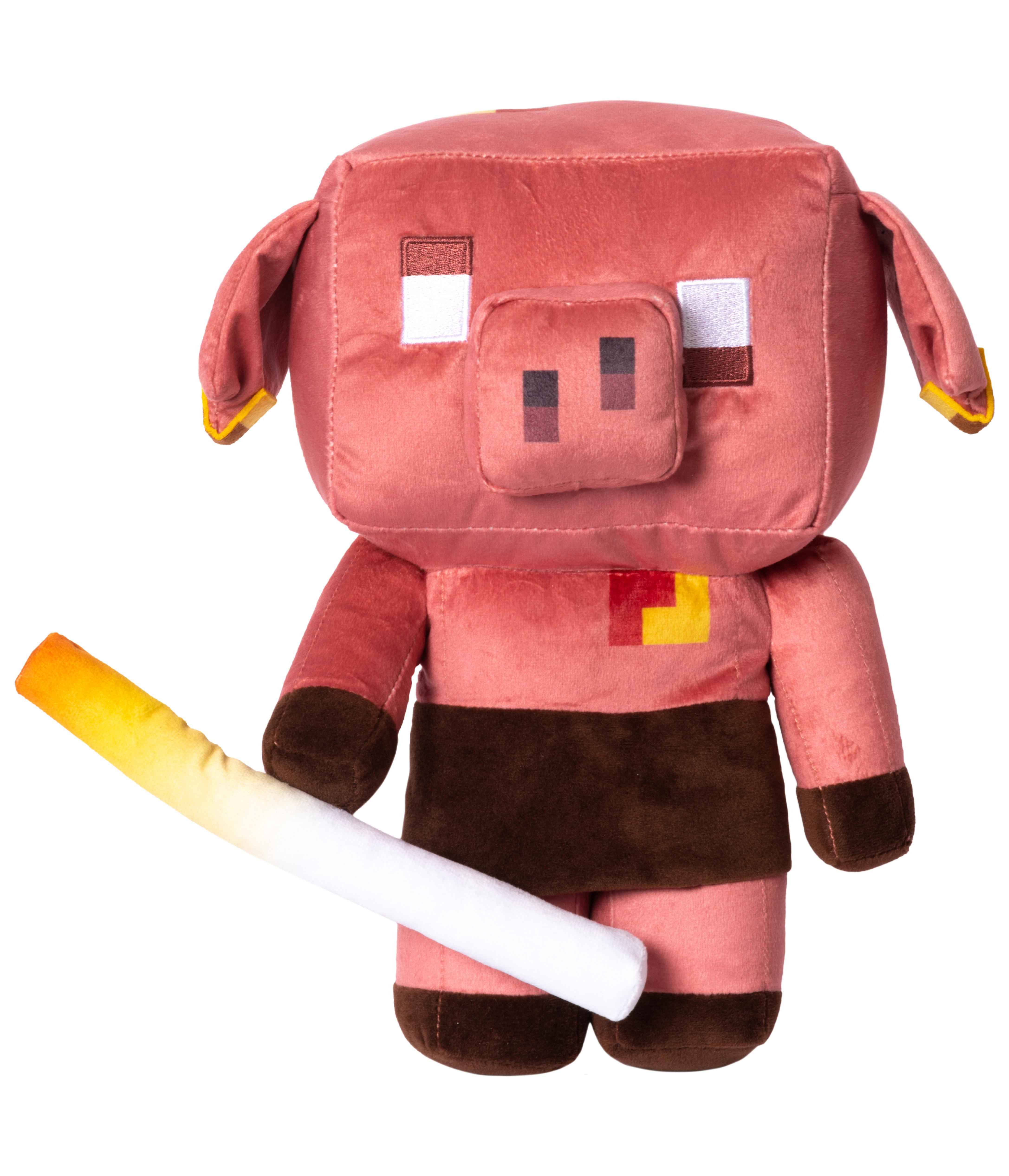 Minecraft Schwein Plüschtier. Rosa Schwein mit einer weißen Zigarette. Gelbe und rote Details.