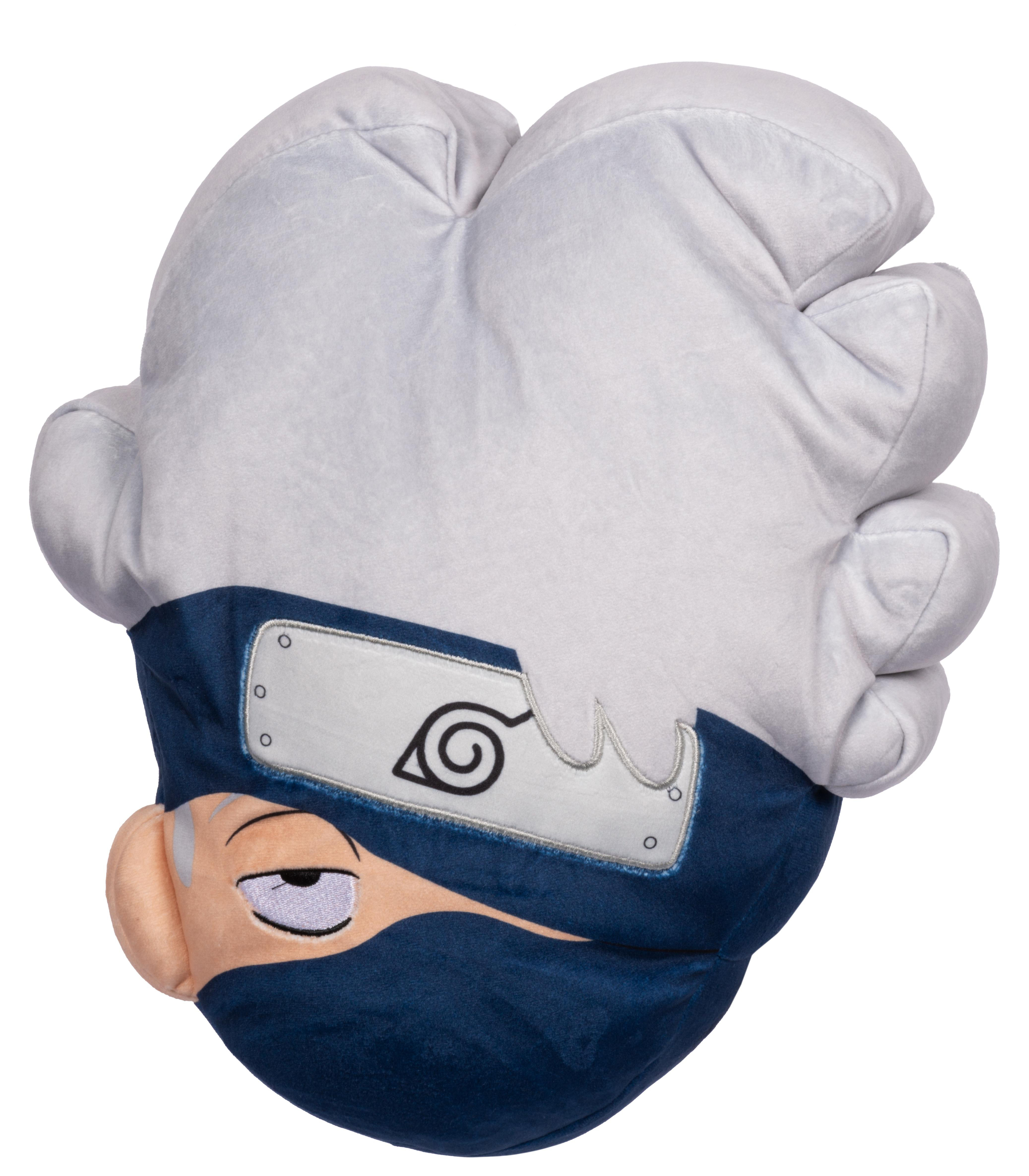 Plüsch-Kakashi-Hut mit sichtbarem Auge und Gesicht. Blaue Maske, weißes Haar und ein Blattdorf-Symbol.