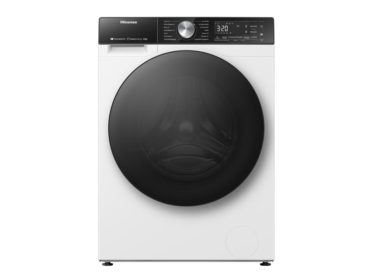 Weiße Waschmaschine mit schwarzer Tür. Digitalanzeige zeigt 3:20. Bedienfeld oben.