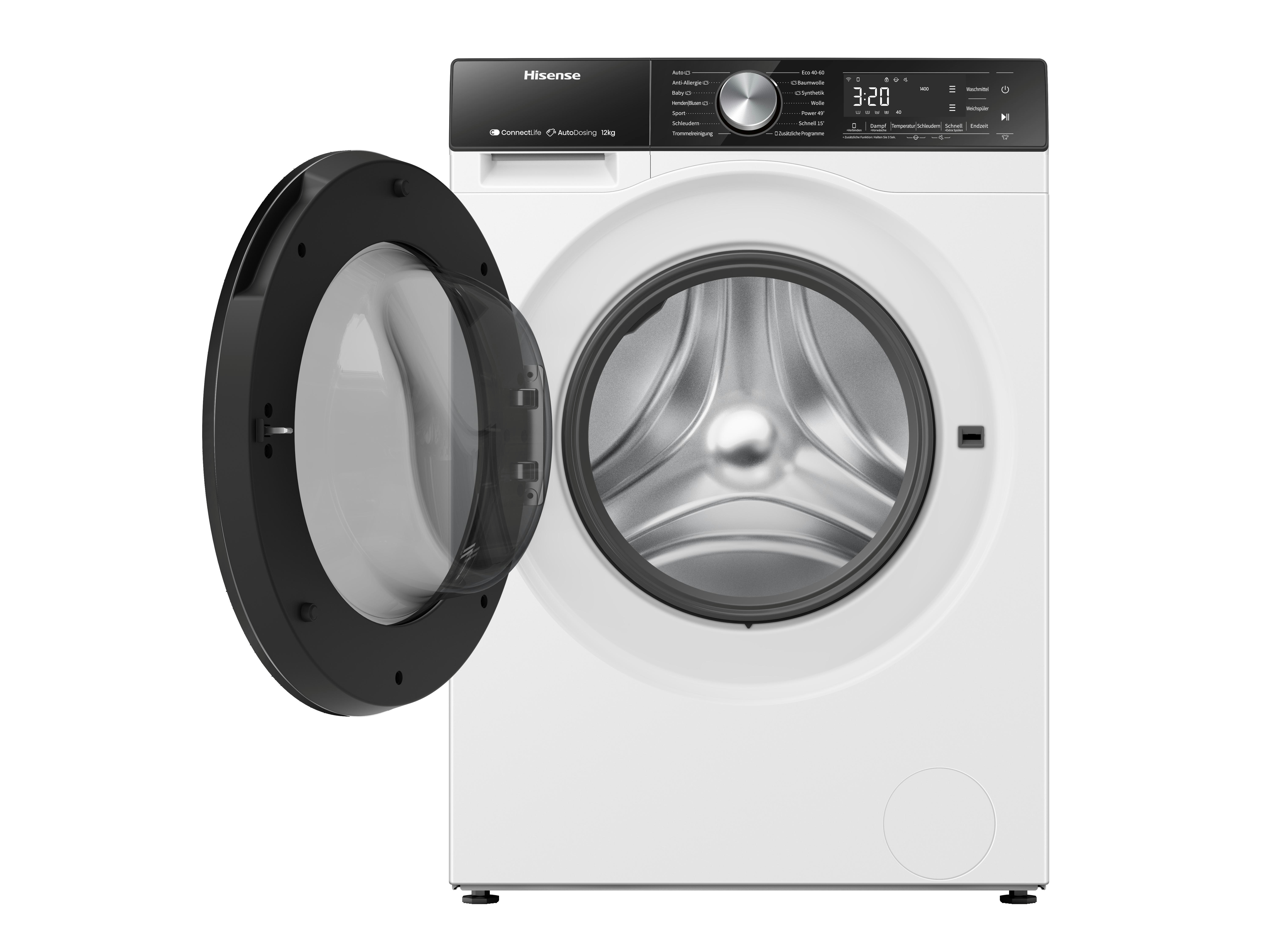 Weiße Hisense Waschmaschine mit geöffneter Tür, Trommel sichtbar. Schwarzes Bedienfeld oben.
