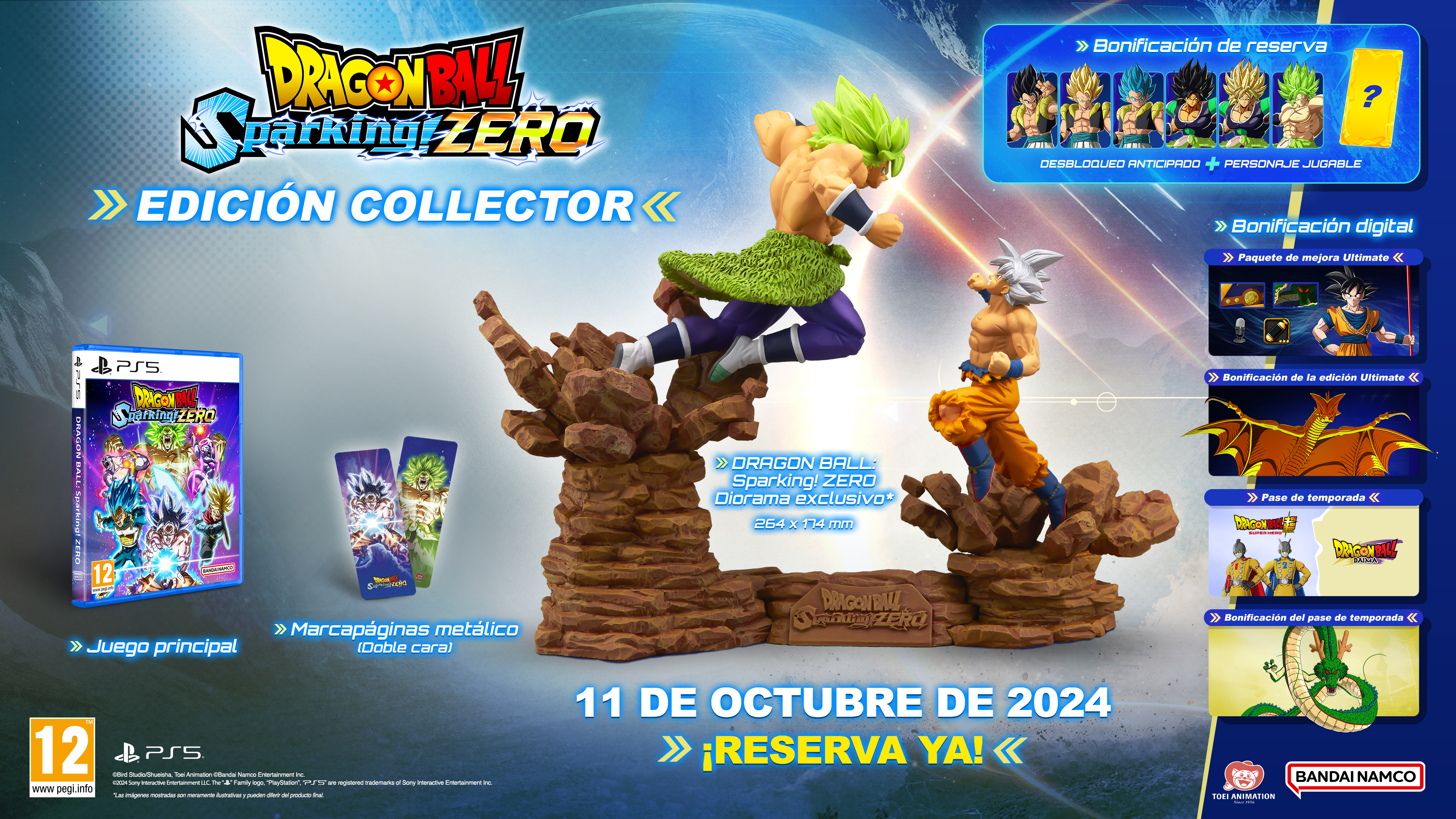 Set de figuras de Dragon Ball con personajes, caja de juego edición coleccionista y materiales promocionales.