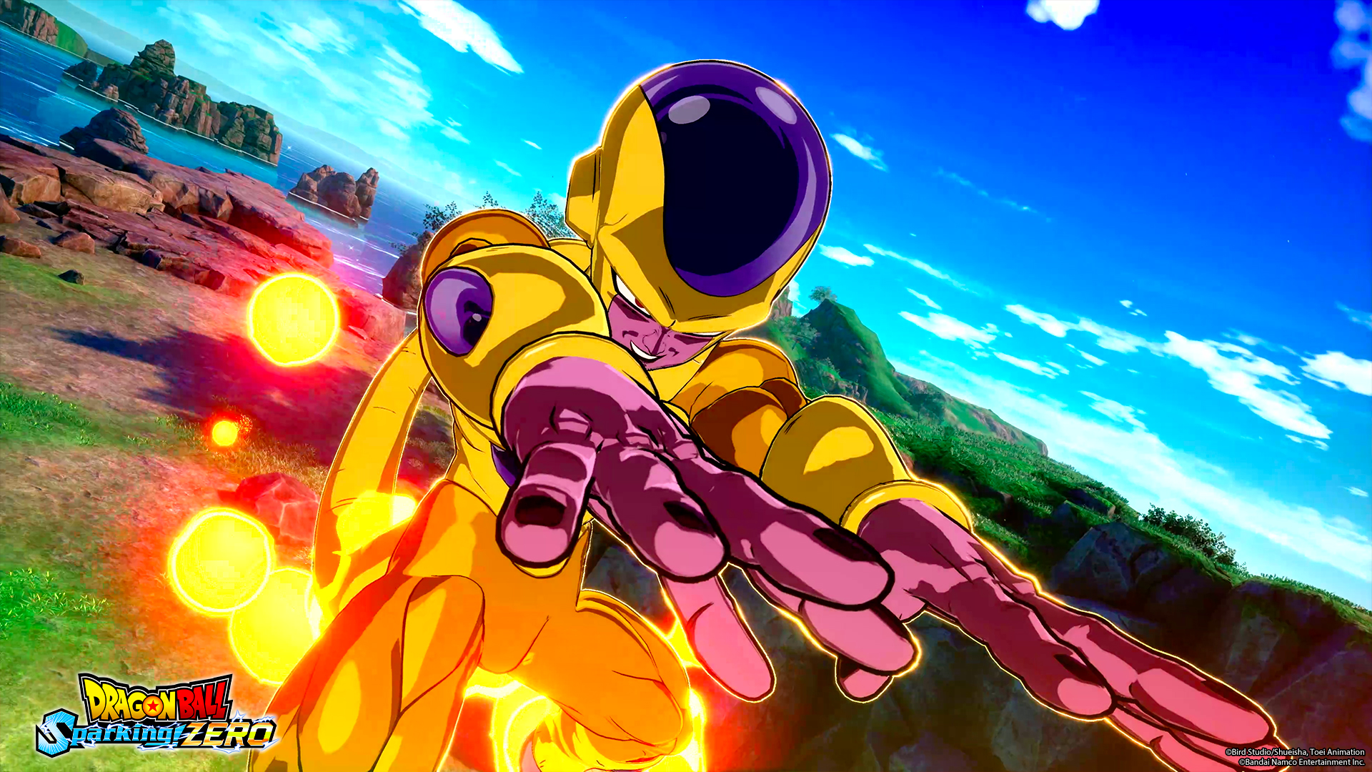 Golden Frieza del videojuego Dragon Ball, con un fondo de cielo azul.