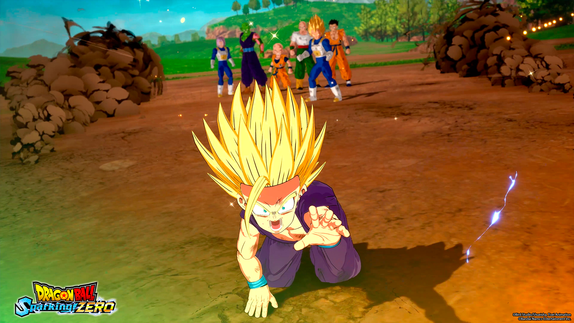 Gohan de Dragon Ball Z en acción, con otros personajes en el fondo.