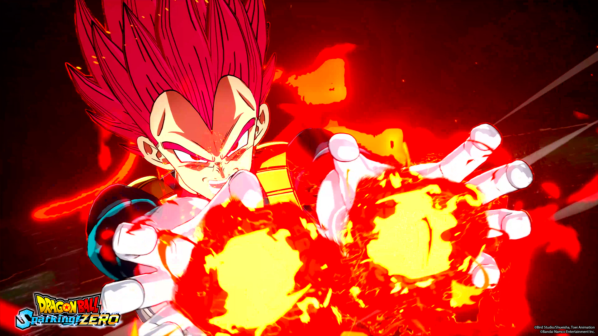 Vegeta de Dragon Ball Z, cabello rojo, sosteniendo dos bolas de energía brillantes.