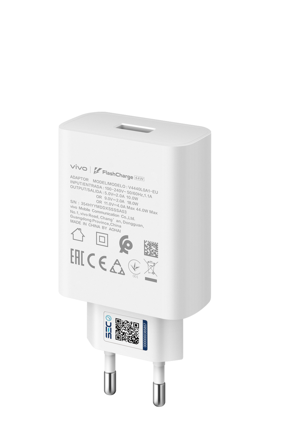 Cargador de teléfono Vivo blanco con especificaciones impresas. Incluye clavijas para enchufe.