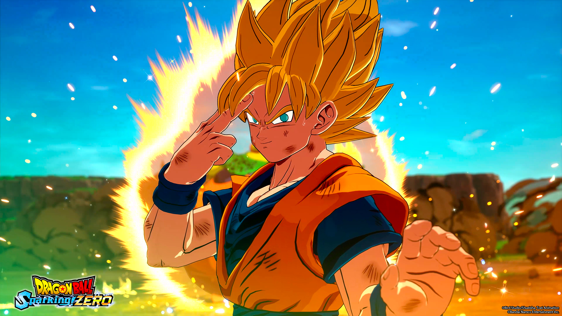 Goku de Dragon Ball Z en pose dinámica, con aura de energía.