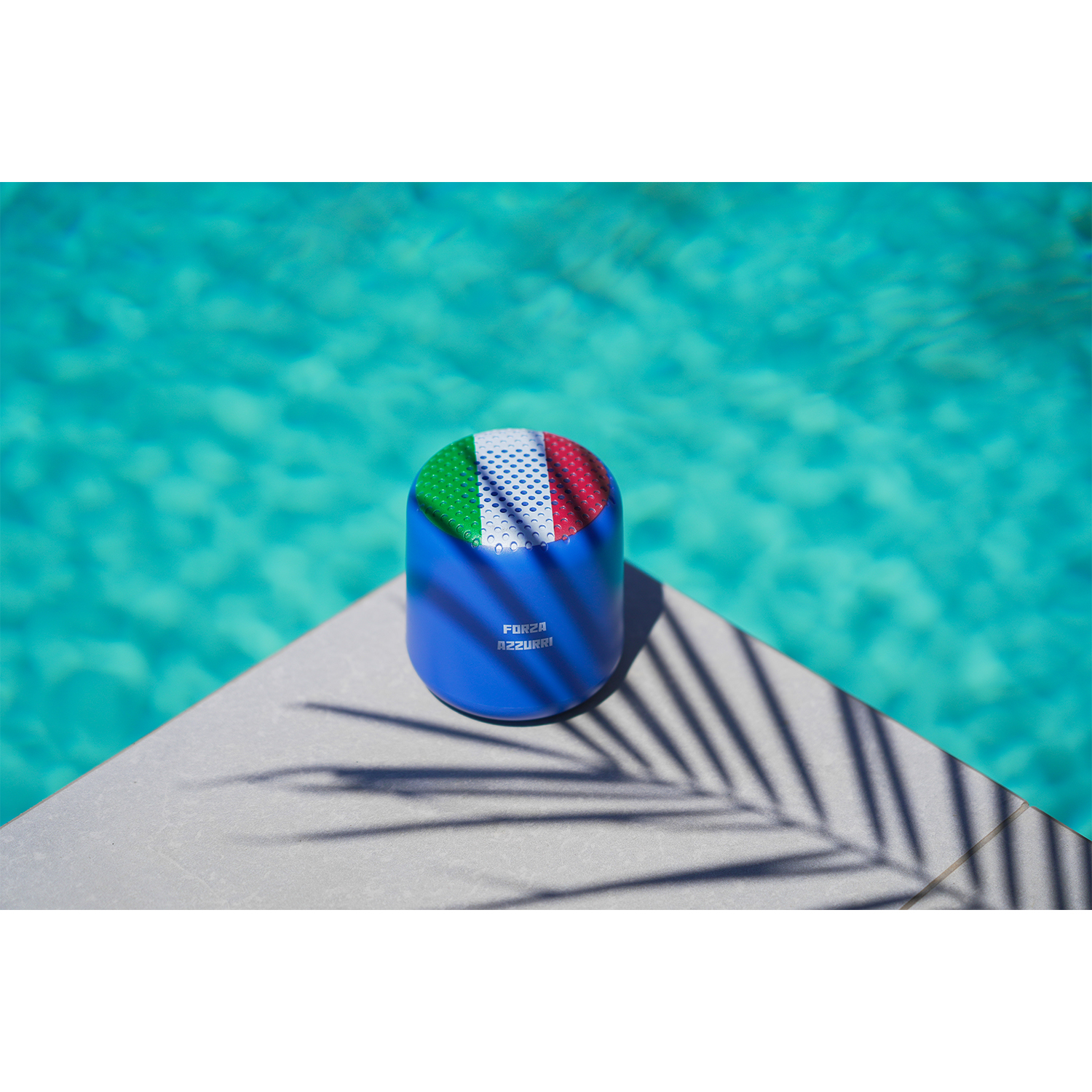 Altoparlante blu su una superficie grigia, design a bandiera italiana, con ombra di palma.