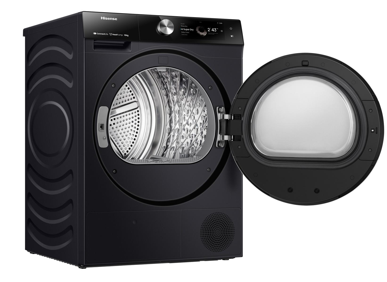 Schwarzer Hisense-Trockner mit offener Tür. Das Innere ist sichtbar, und die Maschine hat ein Display.