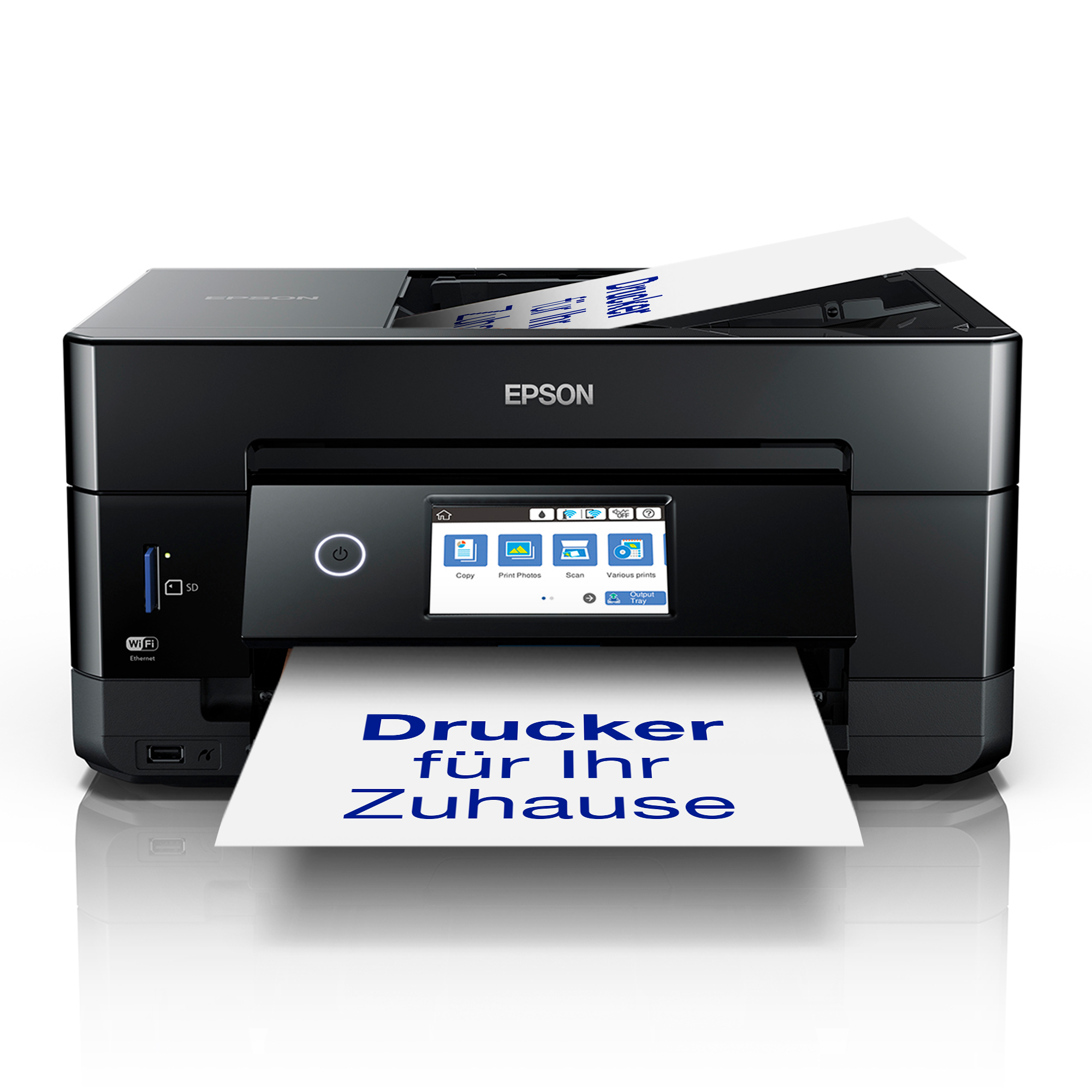 Schwarzer Drucker mit Display und einem Blatt Papier mit Text darauf.