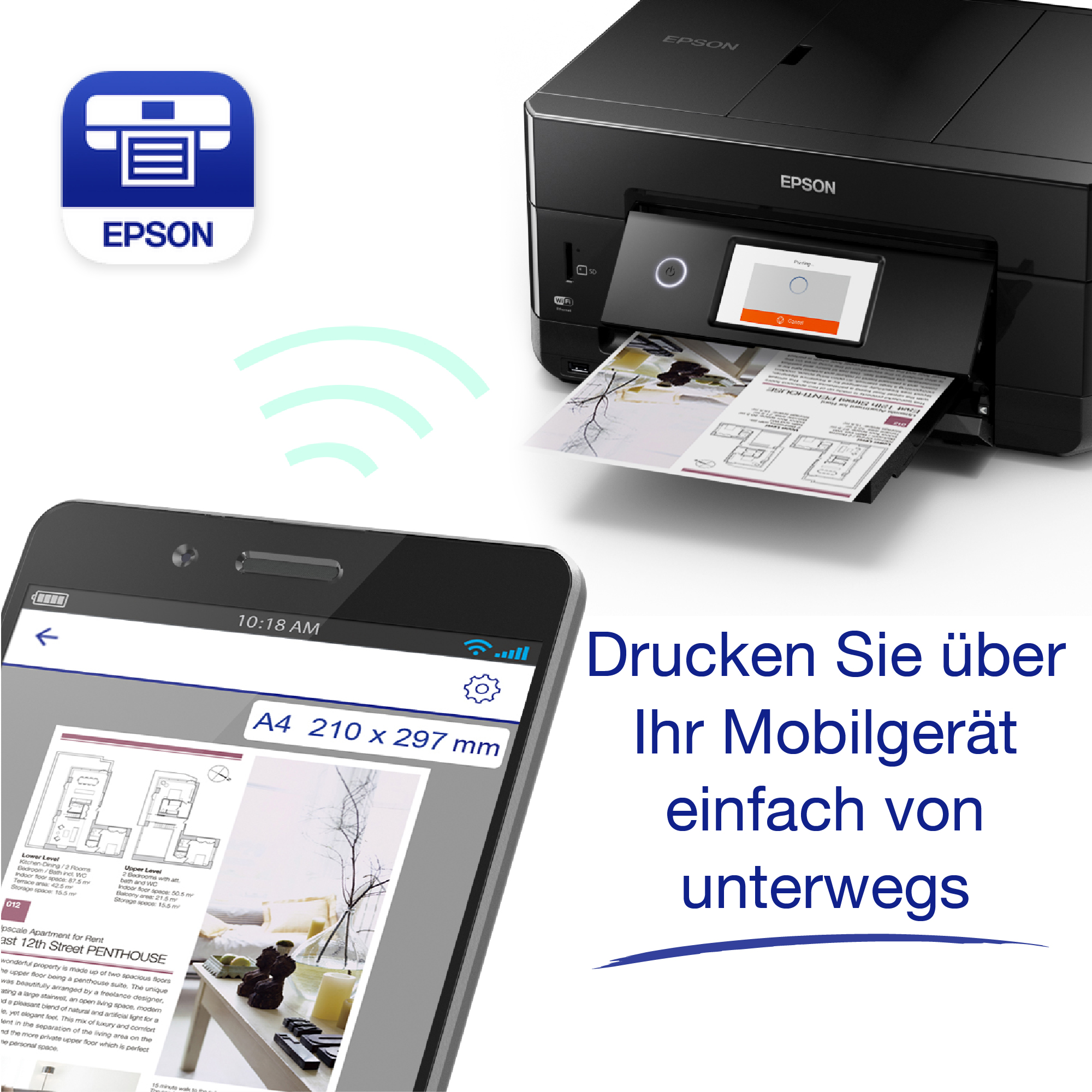 Schwarzer Drucker druckt von einem Telefon. WLAN-Signal-Icons sind sichtbar. Epson-Logo wird gezeigt.