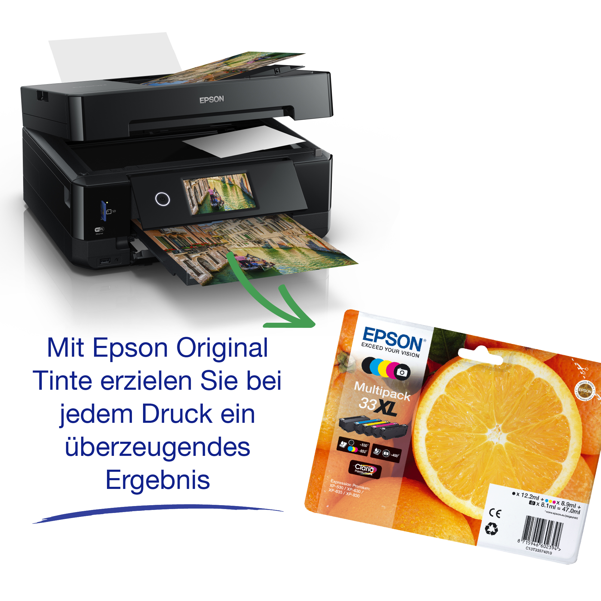 Ein Epson-Drucker mit Tintenpatrone und Text zur Qualität der originalen Epson-Tinte.