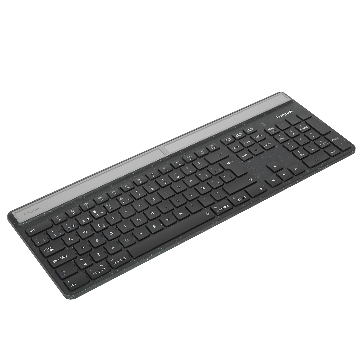 Un teclado Targus negro con una parte superior plateada. Las teclas con letras y números son visibles en la superficie.
