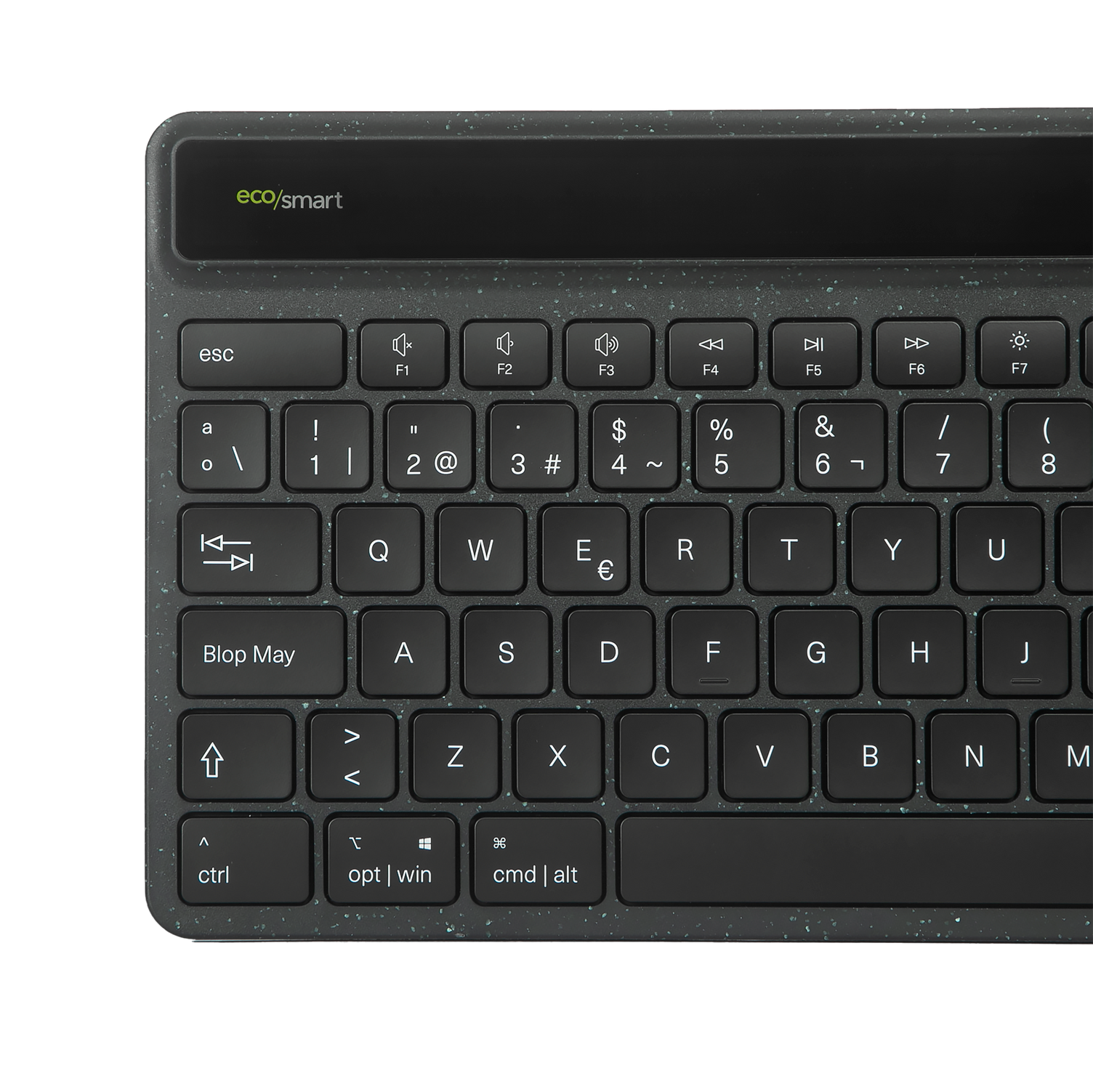Teclado oscuro con teclas blancas, con la etiqueta eco/smart arriba.