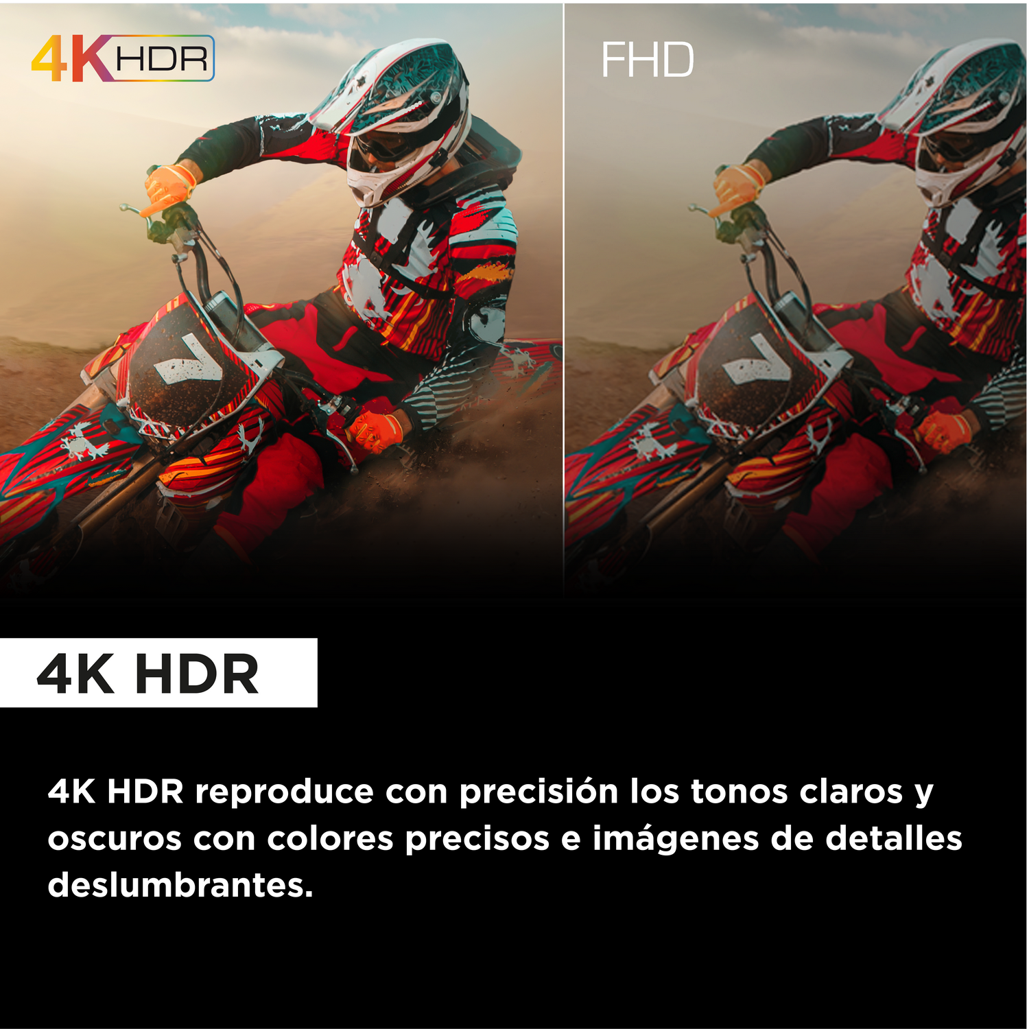 Comparación de imágenes 4K HDR y FHD. Un motociclista se muestra en cada una.