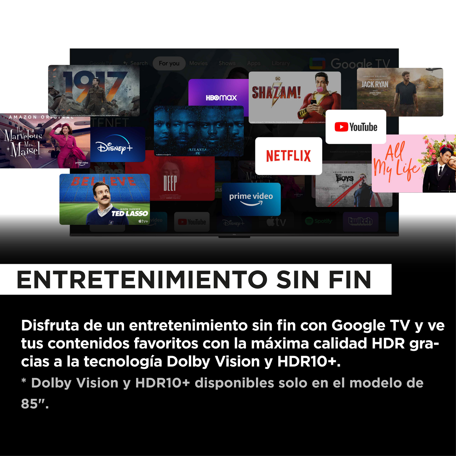 Parte trasera del televisor: negro, puertos, cable de alimentación, soportes.