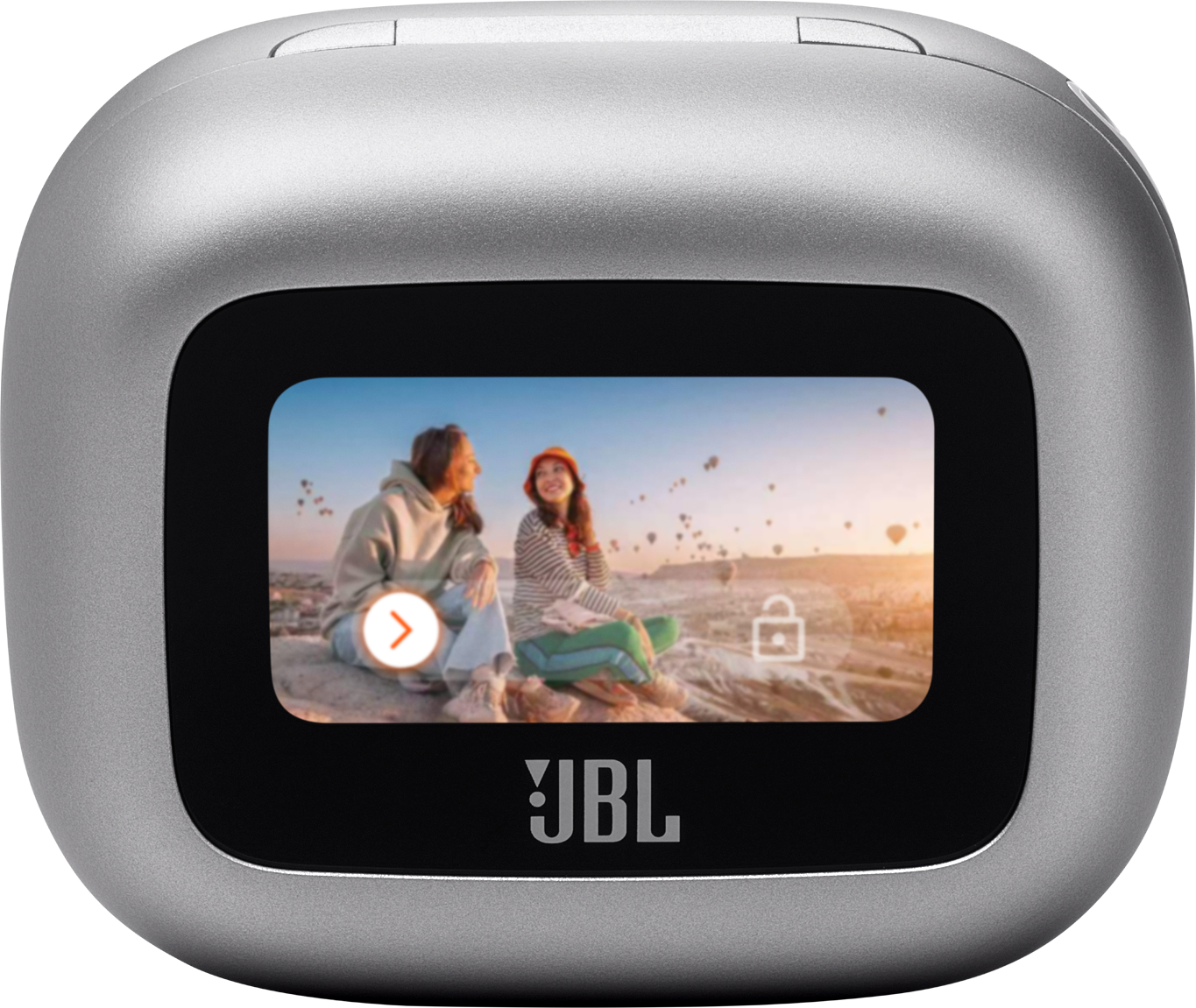 Silberne JBL Kamera. Zeigt ein Foto auf dem Bildschirm. Zwei Personen sitzen auf einem Berg.