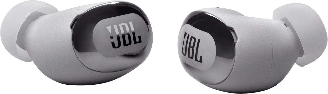 Zwei weiße JBL-Ohrhörer, die das JBL-Logo zeigen.