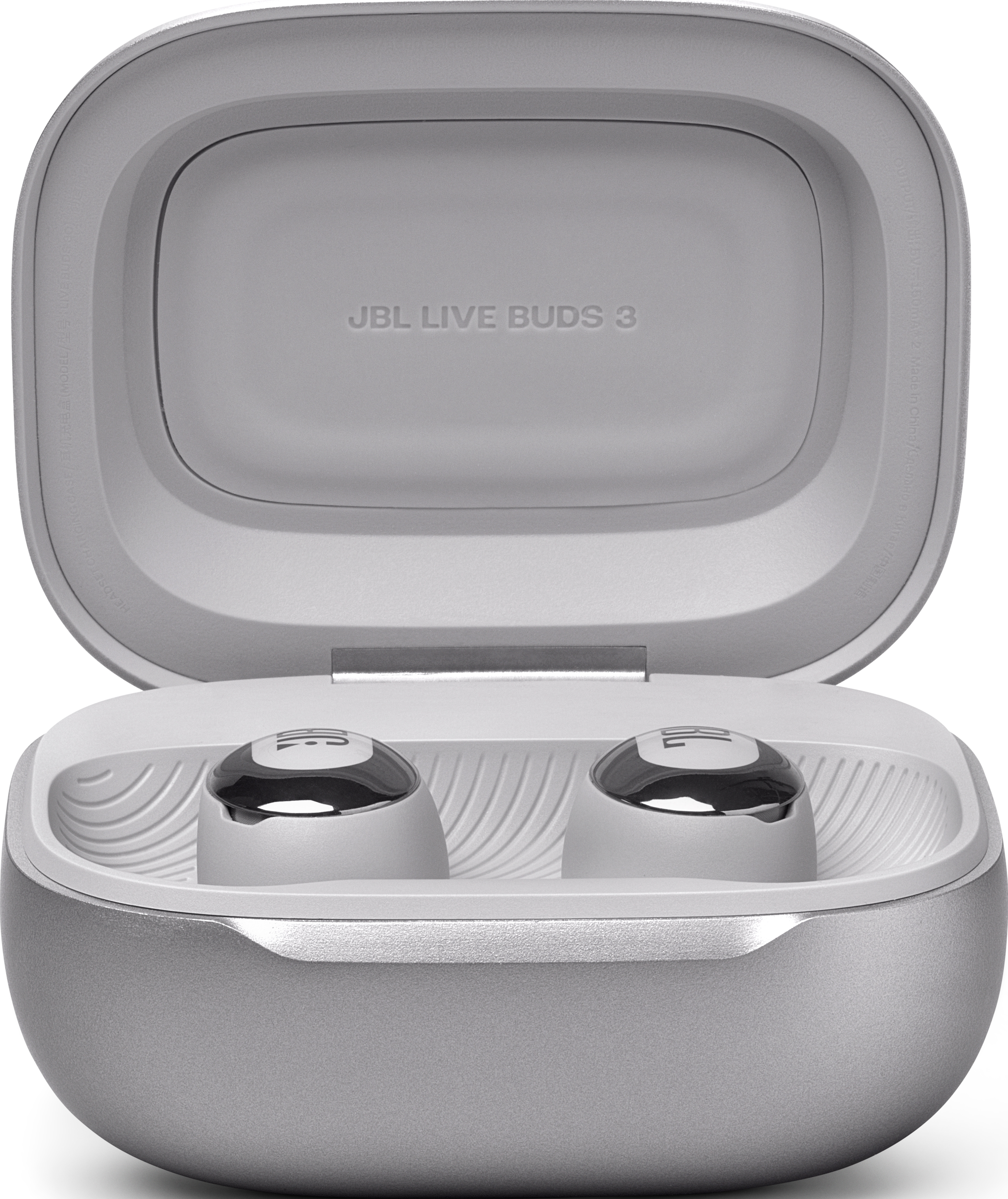 Ein graues JBL Live Buds 3 Ladecase mit zwei Ohrhörern. Das Case ist geöffnet.