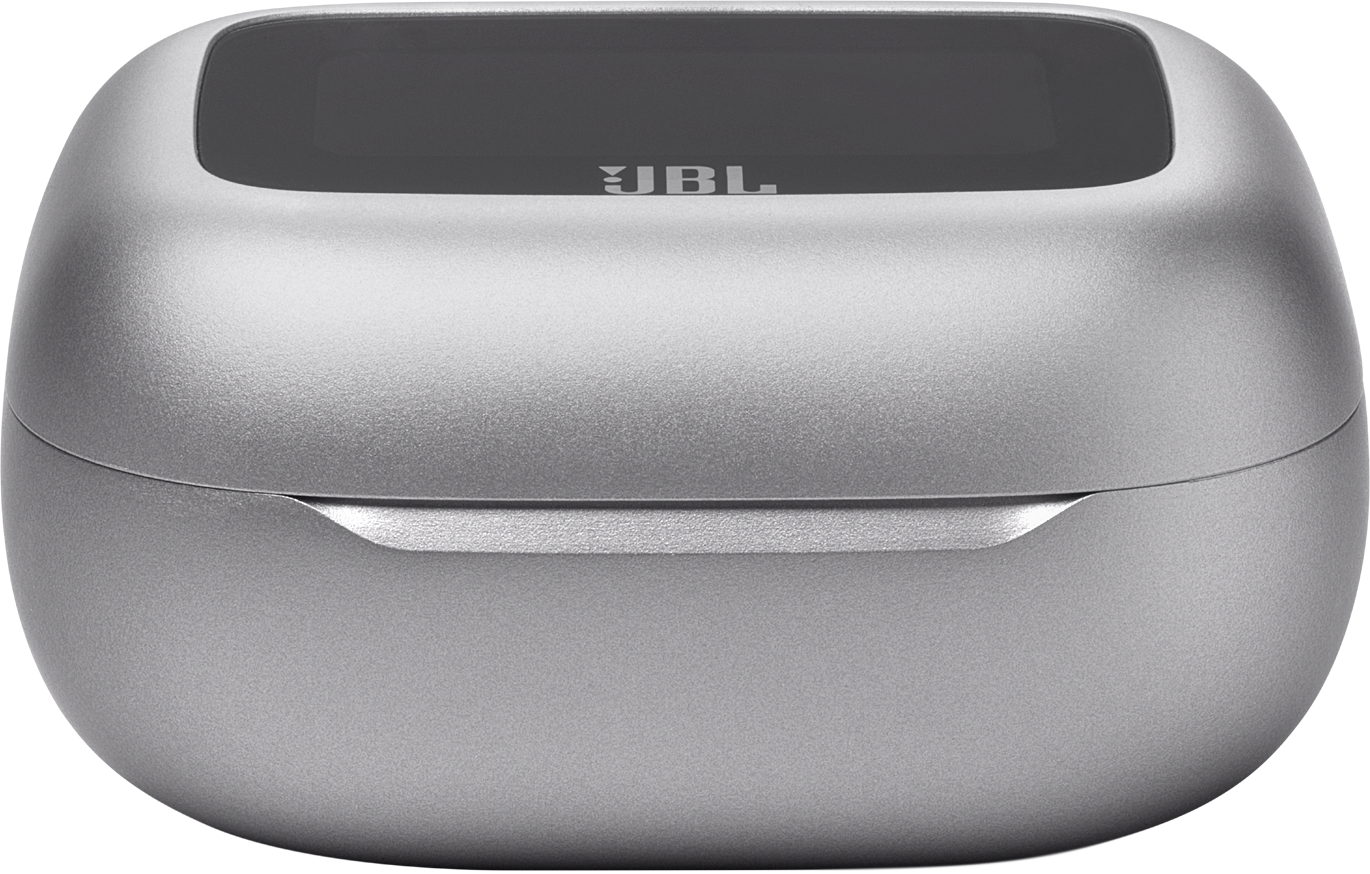Ein silbernes Ladeetui mit dem JBL-Logo oben.