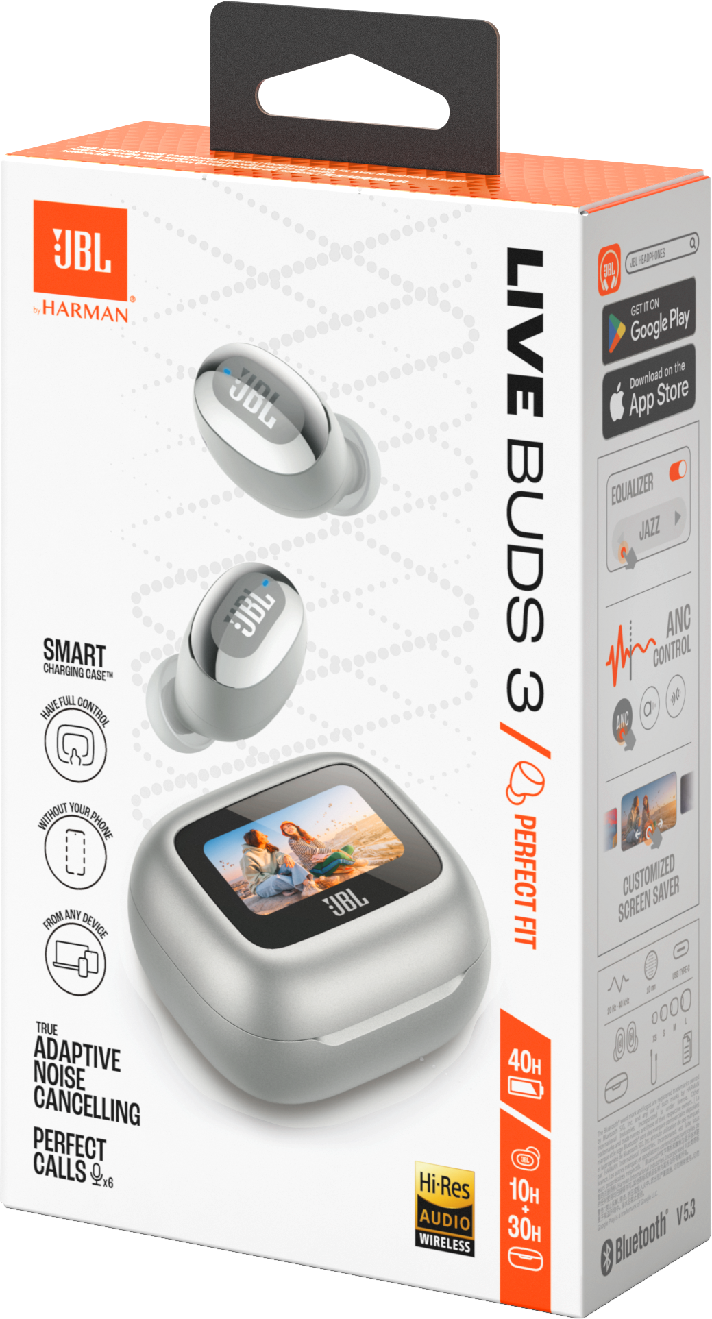JBL Live Buds 3, weiße Ohrhörer in einer Box, mit Ladecase und angezeigten Funktionen.