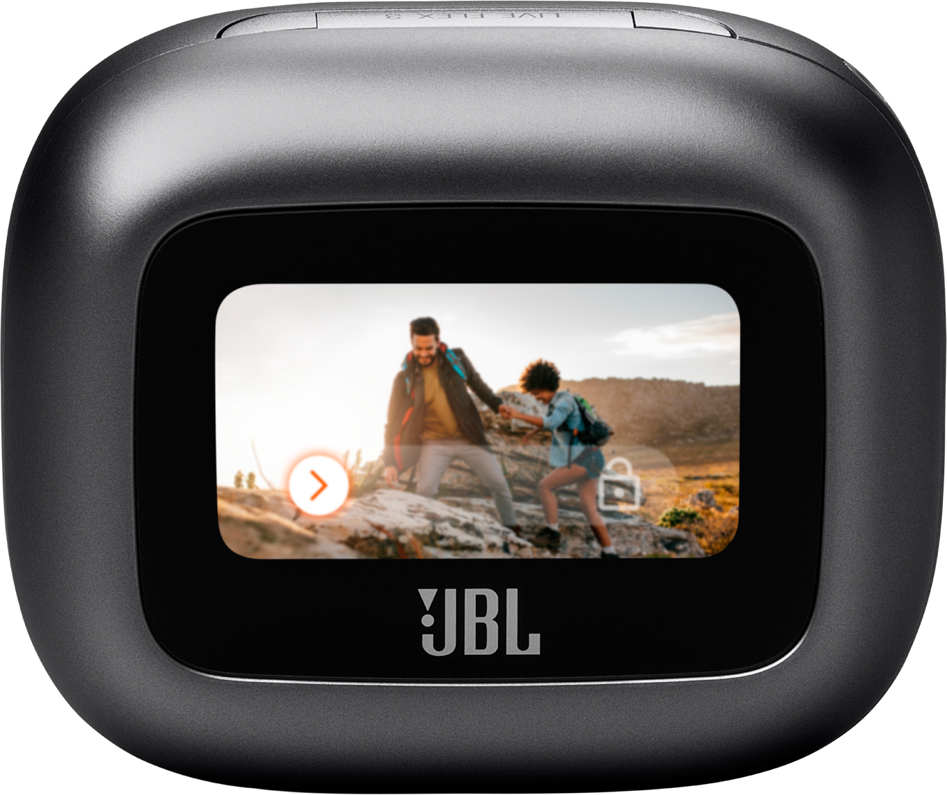 JBL-Kamerabildschirm, der zwei wandernde Personen zeigt, mit Pfeil- und Schloss-Symbol.