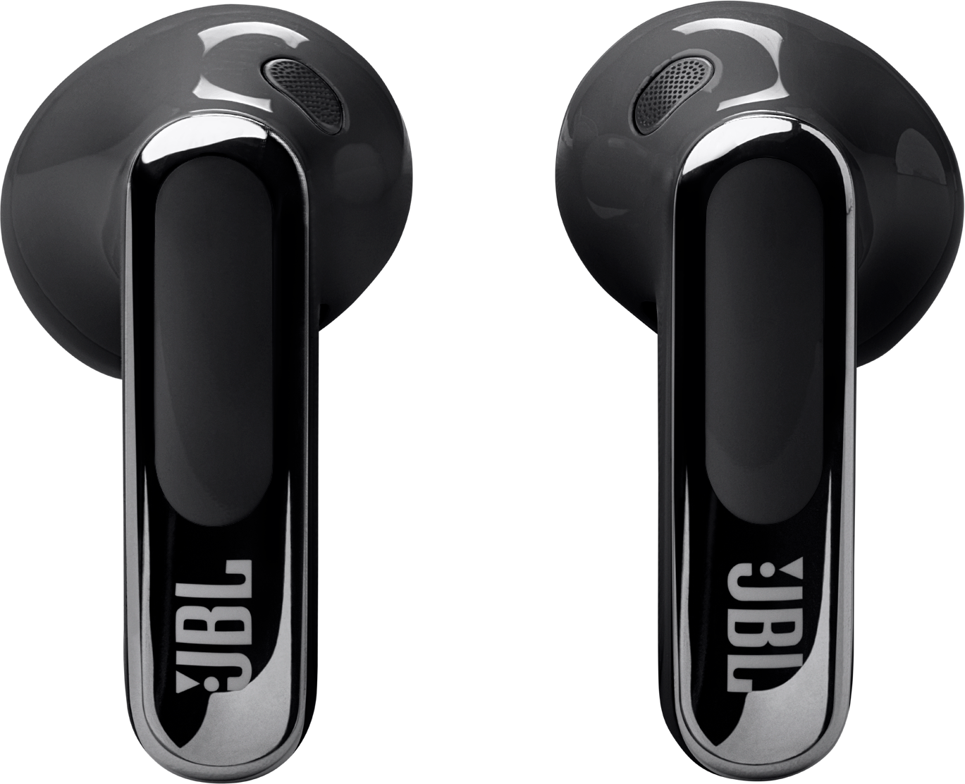 Zwei schwarze JBL kabellose Ohrhörer, glänzendes Finish, mit JBL-Logo, vor schwarzem Hintergrund.